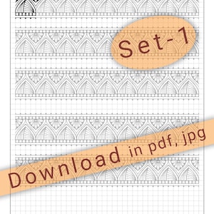 May include: A black and white mandala pattern practice sheet with a grid. The sheet is labeled "Difficulty: Hard (#1)" and "Set-1". The text "Download in pdf, jpg" is at the bottom of the sheet.