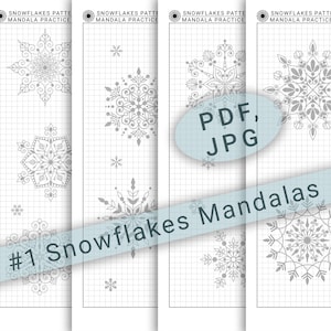 21 種類以上の雪の結晶の曼荼羅パターン練習シート、デジタル印刷可能な簡単な幾何学的曼荼羅ワークシート、アウトラインと着色用、セット 1