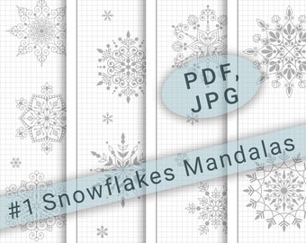 21+ different Snowflakes Mandala Pattern Practice Sheets, digital printable easy geometric Mandala Worksheet for Outline and Coloring, Set-1