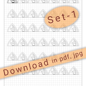 May include: A black and white mandala pattern practice sheet with the text "MANDALA PATTERN PRACTICE SHEET (M.P.P.S.)" and "Difficulty: Medium (#1)" at the top. The sheet is divided into a grid with a pattern of repeating shapes in each row. The text "Set-1" is in a circle in the middle of the sheet. The text "Download in pdf, jpg" is at the bottom of the sheet.