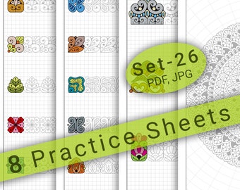 May include: Eight printable mandala pattern practice sheets in PDF and JPG format. The sheets include four different difficulty levels: easy, medium, hard, and practice. Each sheet features a colorful mandala pattern and a blank grid for practicing drawing the pattern.