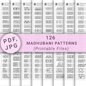 Pode incluir: Uma coleção de 126 padrões Madhubani em preto e branco, disponíveis como arquivos PDF e JPG para impressão. Os desenhos apresentam formas geométricas detalhadas, motivos florais e figuras estilizadas. Cada folha é numerada e contém a palavra "MADHUE".