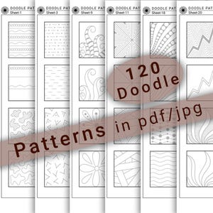 120 eenvoudige basiskrabbelpatronen om te oefenen in pdf/jpg voor ontspanning en kunsttherapie | Directe digitale download in A4-formaat