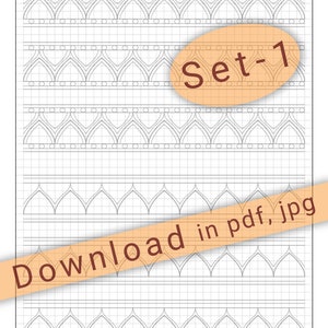 May include: A black and white mandala pattern outlines practice sheet with the text "MANDALA PATTERN OUTLINES PRACTICE SHEET (M.P.O.P.S.)" and "Difficulty: Hard (#1)" at the top. The sheet is divided into four sections with a repeating pattern of arches. The text "Set-1" is in a circle in the middle of the sheet. The text "Download in pdf, jpg" is at the bottom of the sheet.