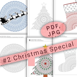 May include: A set of four printable Christmas coloring pages featuring a Santa Claus with reindeer, a Christmas tree, a Christmas stocking, and a mandala design. The pages are labeled "Christmas Special" and include the text "PDF, JPG".