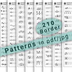 Puede incluir: Una hoja de papel con 210 diseños de bordes diferentes. Los diseños son en blanco y negro y están dibujados en una cuadrícula. El texto "210 Border Patterns in pdf/jpg" está escrito en una fuente grande en la parte inferior de la hoja.