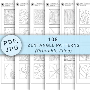 Puede incluir: Una colección de 108 patrones Zentangle imprimibles. La imagen muestra varias hojas con intrincados diseños en blanco y negro, numeradas y con la palabra "Zentangle". También se ve el texto "PDF, JPG" y "108 Zentangle Patterns (Printable Files)".