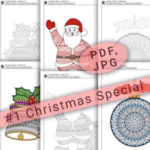 Kerst Special (Set -1) Santa Claus, Bells, Balls Oefenbladen, digitaal afdrukbare eenvoudige geometrische Mandala Werkblad voor kerstkaarten