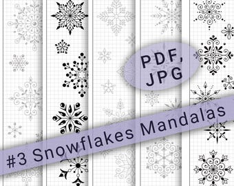 150+ verschillende oefenbladen met sneeuwvlokken-mandalapatroon, digitaal afdrukbaar eenvoudig geometrisch mandala-werkblad voor overzicht en kleuren