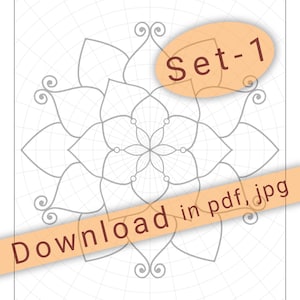 May include: A black and white mandala outline practice sheet with a grid pattern. The sheet is labeled "Set-1" and "Difficulty: Easy (#1)". The text "Download in pdf, jpg" is on a brown banner across the bottom of the sheet.