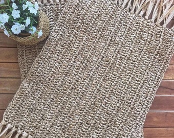 Rectangular natural raffia placemat with fringe, Boho placemats Set of 2
