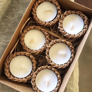 Set portacandele in rafia – Ciotole per candele naturali fatte a mano / Decorazione per la casa ecologica Boho, centrotavola, piccolo regalo per la tavola