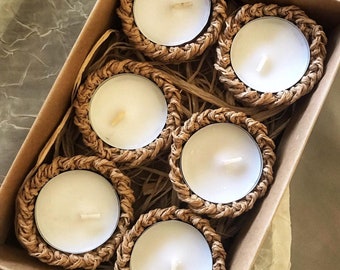 Handgehäkelte Teelichthalter aus Bast: Boho Kerzen 6er Set