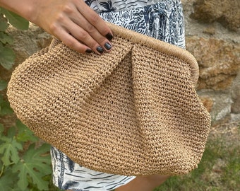Natural raffia handmade clutch, crocheted summer clutch, summer raffia clutch