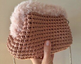 Unique design leather-look clutch bag with a touch of plush, Hand-crocheted pouch bag