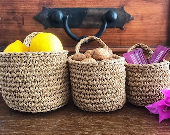 Hand-Crocheted Raffia Basket: Eco-Friendly Storage, Planter Basket