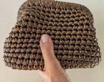 Handmade Metallic Crochet Clutch: Evening Pouch with Satin Lining