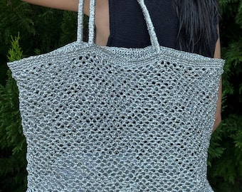 Metallic häkeln Einkaufstasche: Silber gewebte Sommer Shopper