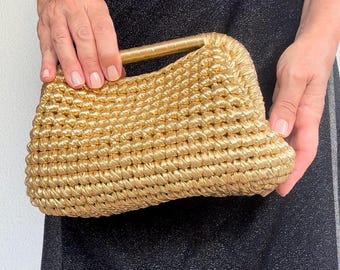 Handmade Gold Woven Clutch: Metallic Raffia Evening Bag