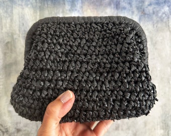 Unique handmade crocheted purse, mix of natural raffia and special yarn, crossbody chain option