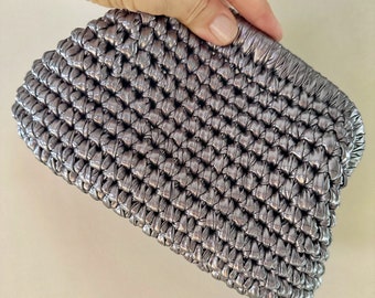 Nickel hand-crocheted metallic pouch, must-have metallic clutch