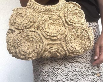 Hand-Crocheted Raffia Clutch: Boho Rose Bag with Antique Gold Handle