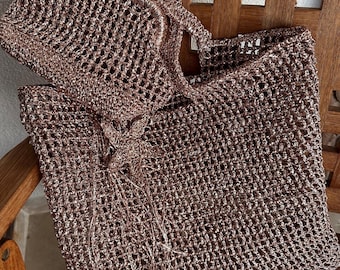 Handgemachte Metallic Strandtasche Set: Boho Tasche mit Clutch & Anhänger