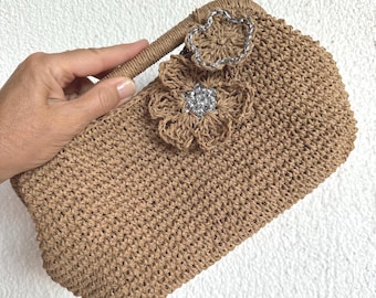 Handmade Raffia Crochet Clutch: Boho Summer Bag with Handle
