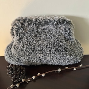 Handmade teddy pouch, furry winter clutch, fluffy hand-crocheted clutch