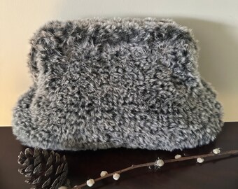Handmade teddy pouch, furry winter clutch, fluffy hand-crocheted clutch