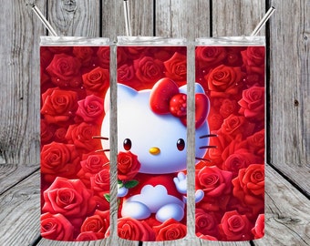 20oz Tumbler, Sublimated, Hot/Cold, Straw, Stainless Steel, Leak Proof, bpa Free, Double Insulated - Kawaii Kitty Roses