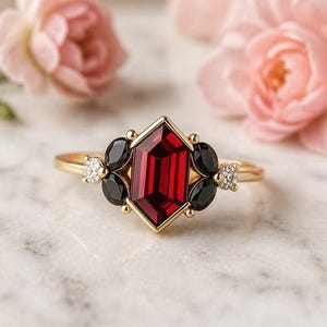 Hexagon Cut Garnet Ring, Black Spinel & Diamond Accent Ring, 14K Gold Vintage Style Engagement Ring, January Birthstone Gift