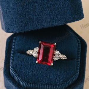 Emerald Cut Ruby Ring, July Birthstone, Dainty Ring, Ruby Engagement Ring For Women, Prong Set Simulated Promise Ring For Her, Bridal Ring