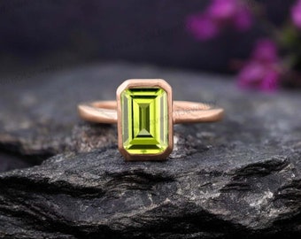 Peridot Ring, 925 Solid Sterling Silver, Beautiful Emerald Cut Green Peridot Quartz Gemstone, Rose Gold, 14K Yellow Gold Fill, Gift Ring
