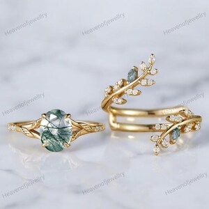 Bague de fiançailles gothique en agate mousse naturelle, bague en or feuille d'émeraude, rehaussant de diamants, bague de mariage unique, ensemble de bagues de mariée pour femme