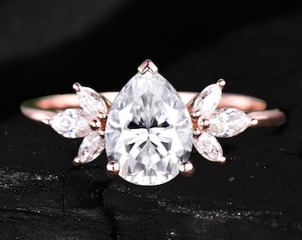 Pear shaped Moissanite engagement ring vintage Unique Marquise cut diamond Cluster engagement ring rose gold wedding Bridal gift for women