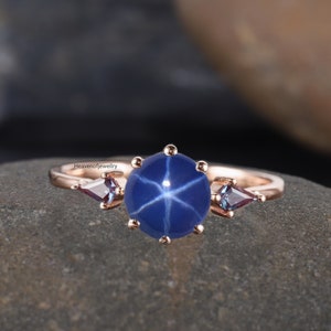Blue Star Sapphire Ring, 18K Rose Gold Rings 6 Rays Star Sapphire Gift Antique Alexandrite Gold Ring Anniversary Gift For Wife Birthday Ring