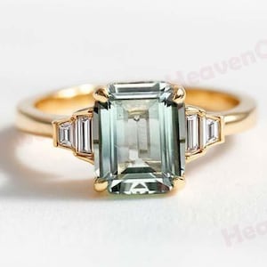 Premium Green Amethyst Engagement Ring Emerald Cut 14k Yellow Gold Green Gemstone Ring Art Deco Bagutte Diamond Ring Gift for Mother