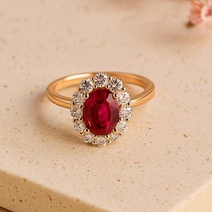 Puede incluir: Un anillo de oro con una piedra central ovalada de rubí rojo oscuro, rodeada por un halo de piedras preciosas claras más pequeñas. El anillo está sobre una superficie neutra, con flores rosas en el fondo. La banda del anillo es de oro pulido.