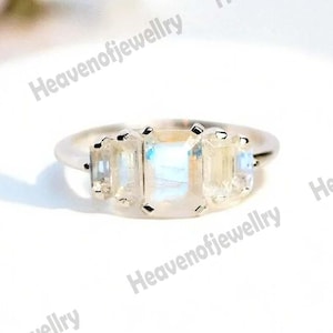 Blue Fire Rainbow Moonstone Engagement Promise Ring, 14k Solid Gold Sterling Silver Ring With Baguette Side Stones, Promise Ring For Women.