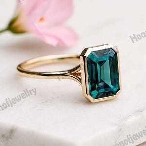 14K Yellow Gold Emerald Cut Teal Sapphire Engagement Ring, Bezel Set Ring, Gold Bridal Ring, Promise Ring, Handmade Ring, Gift For Her