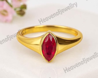 Marquise Ruby Gold Ring, Dainty Bezel Set Gemstone Jewelry, Women’s July Birthstone Ring, Promise Band, Anniversary Gift for Her