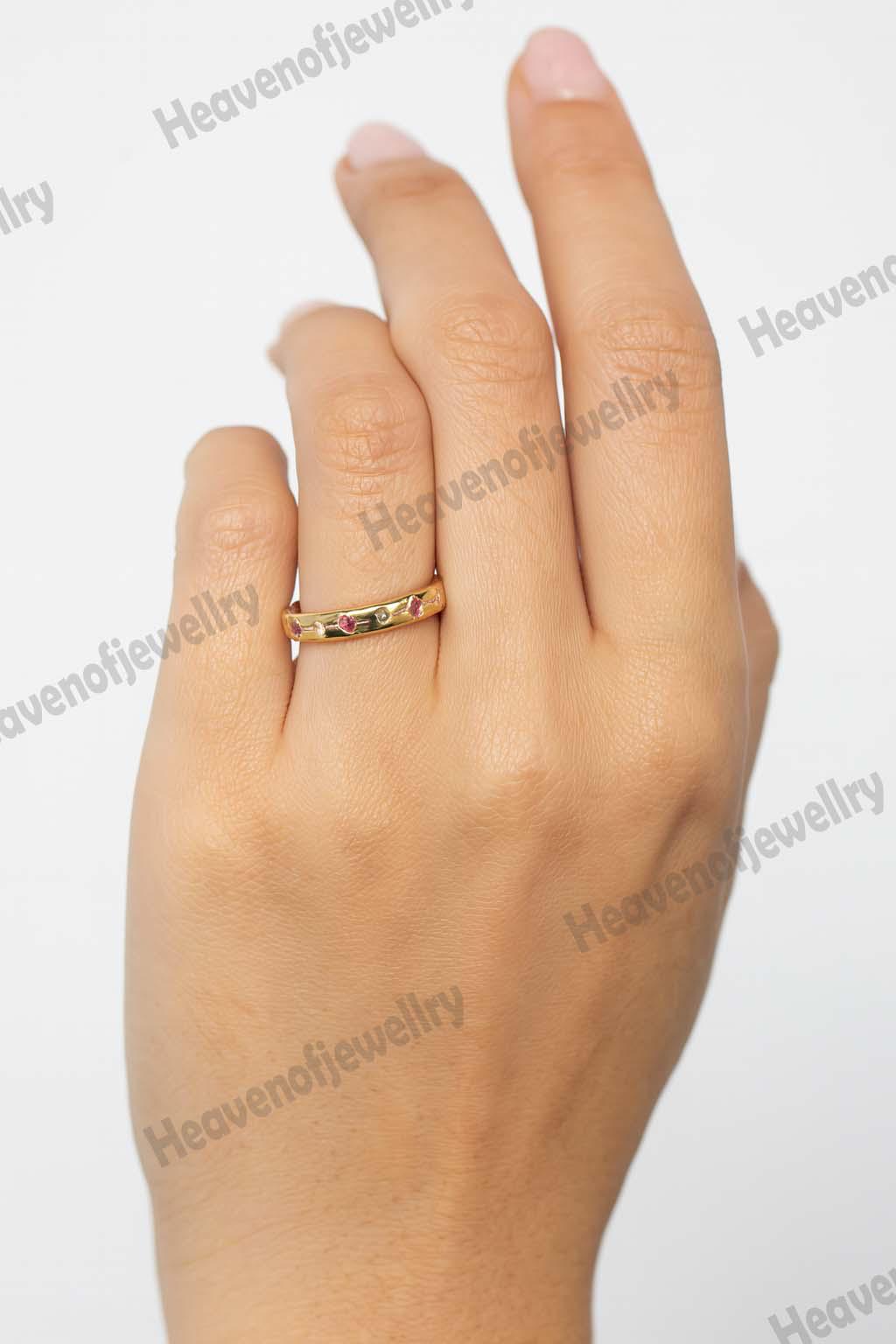 14k Solid Gold Ruby Wedding Band Thick Band Ring for Women Pave Ruby ...