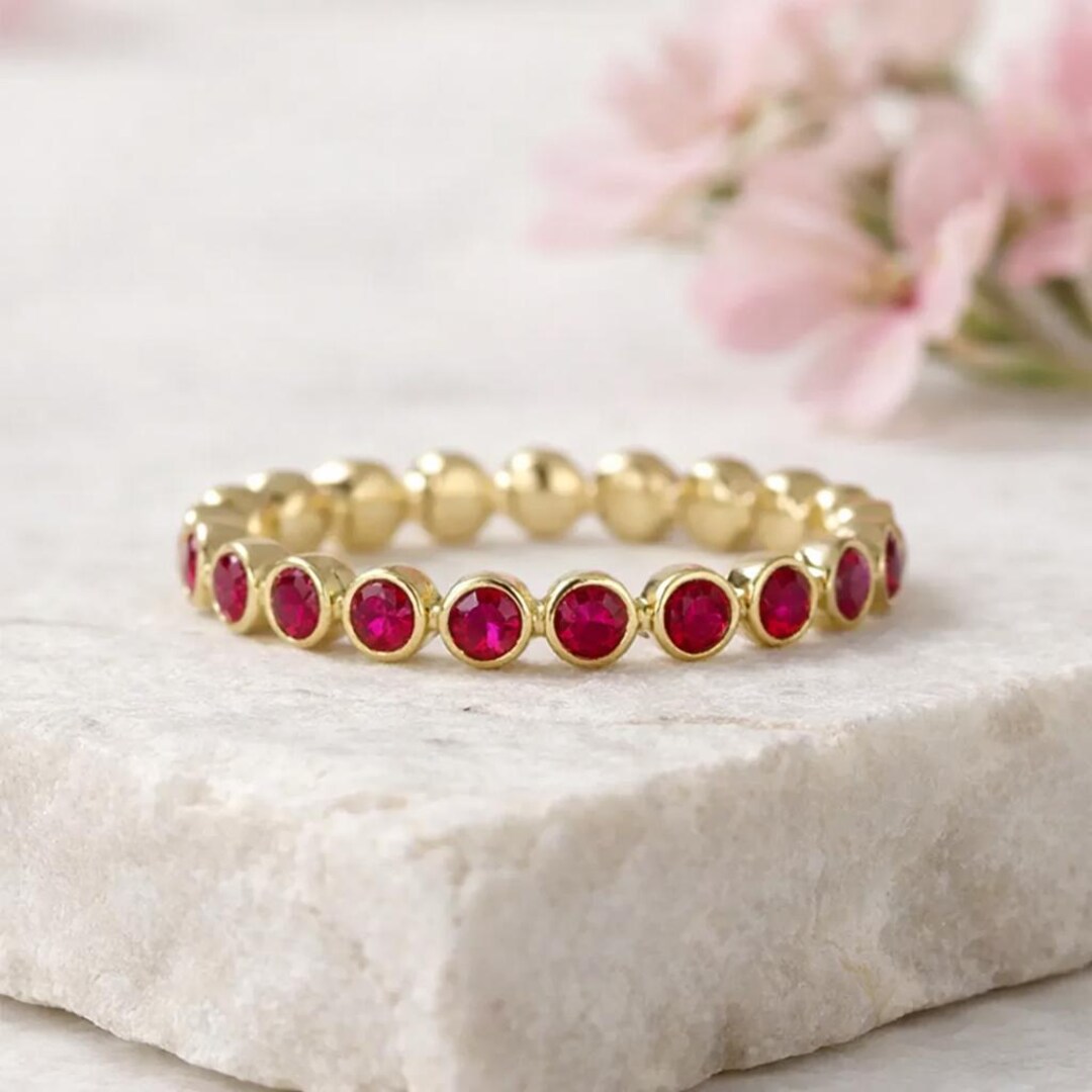 Round Cut Ruby Eternity Engagement Band, 14K Yellow Gold Bezel Set Ring ...