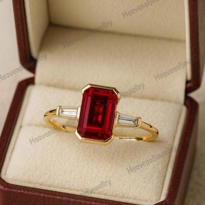 Emerald Cut Lab Created Ruby Solitaire Ring Yellow Gold Minimalist Ring Statement Art Deco Jewelry July Birthstone Anniversary Gift for Her