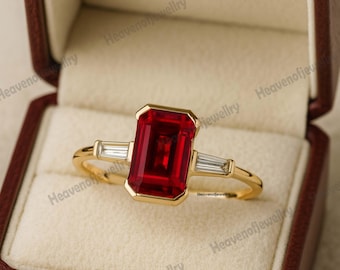 Emerald Cut Lab Created Ruby Solitaire Ring Yellow Gold Minimalist Ring Statement Art Deco Jewelry July Birthstone Anniversary Gift for Her