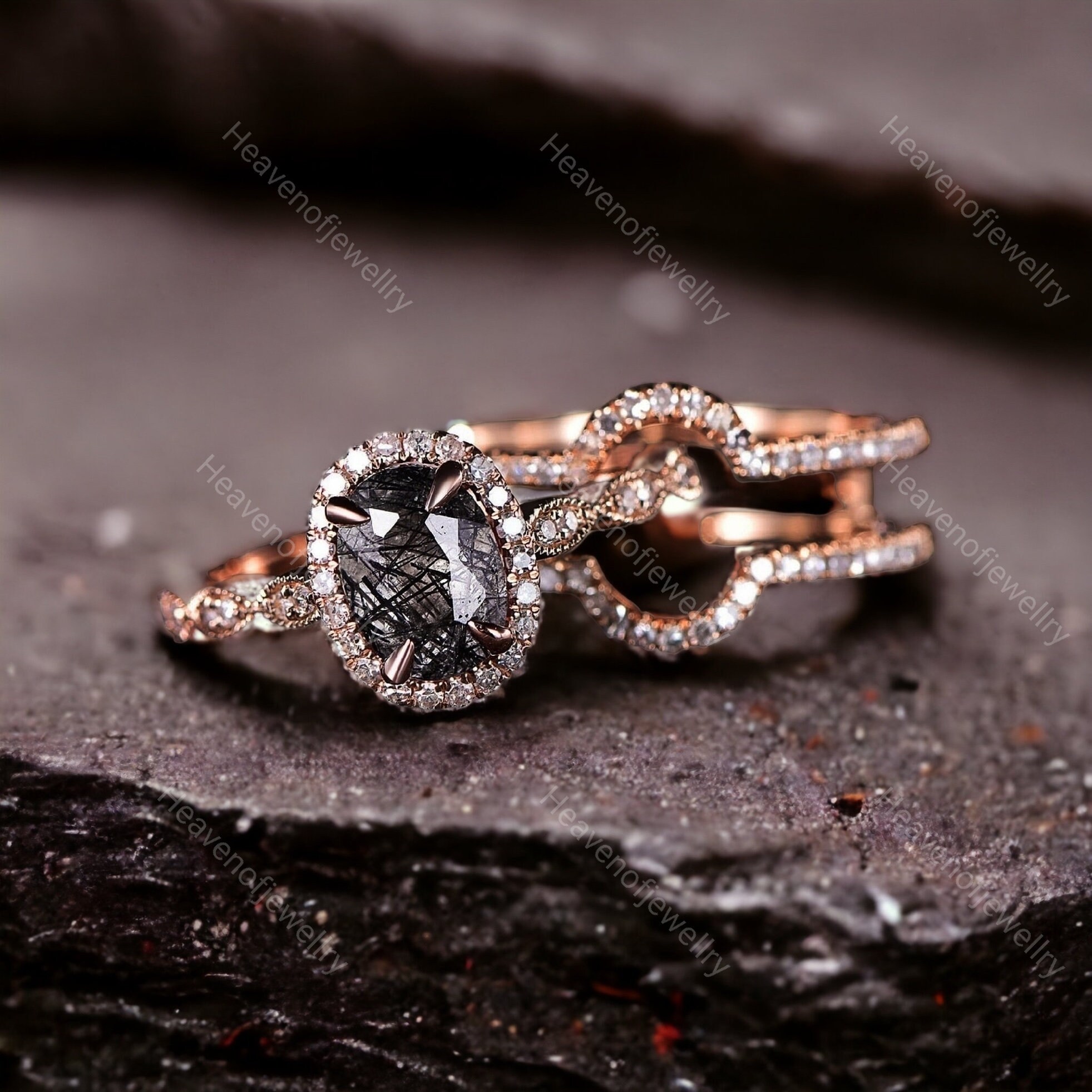 Vintage Black Rutilated Quartz Engagement Ring Set 18K Rose