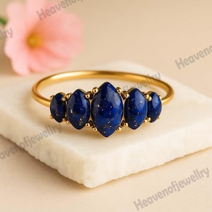 Marquise Lapis Lazuli Ring • Blue Gemstone Gold Ring • September Birthstone Jewelry • Boho Vintage Statement Ring for Women