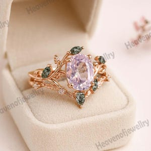 Vintage oval cut Lavender Amethyst engagement ring rose gold art deco cluster leaf nature inspired moss agate bridal wedding ring set women