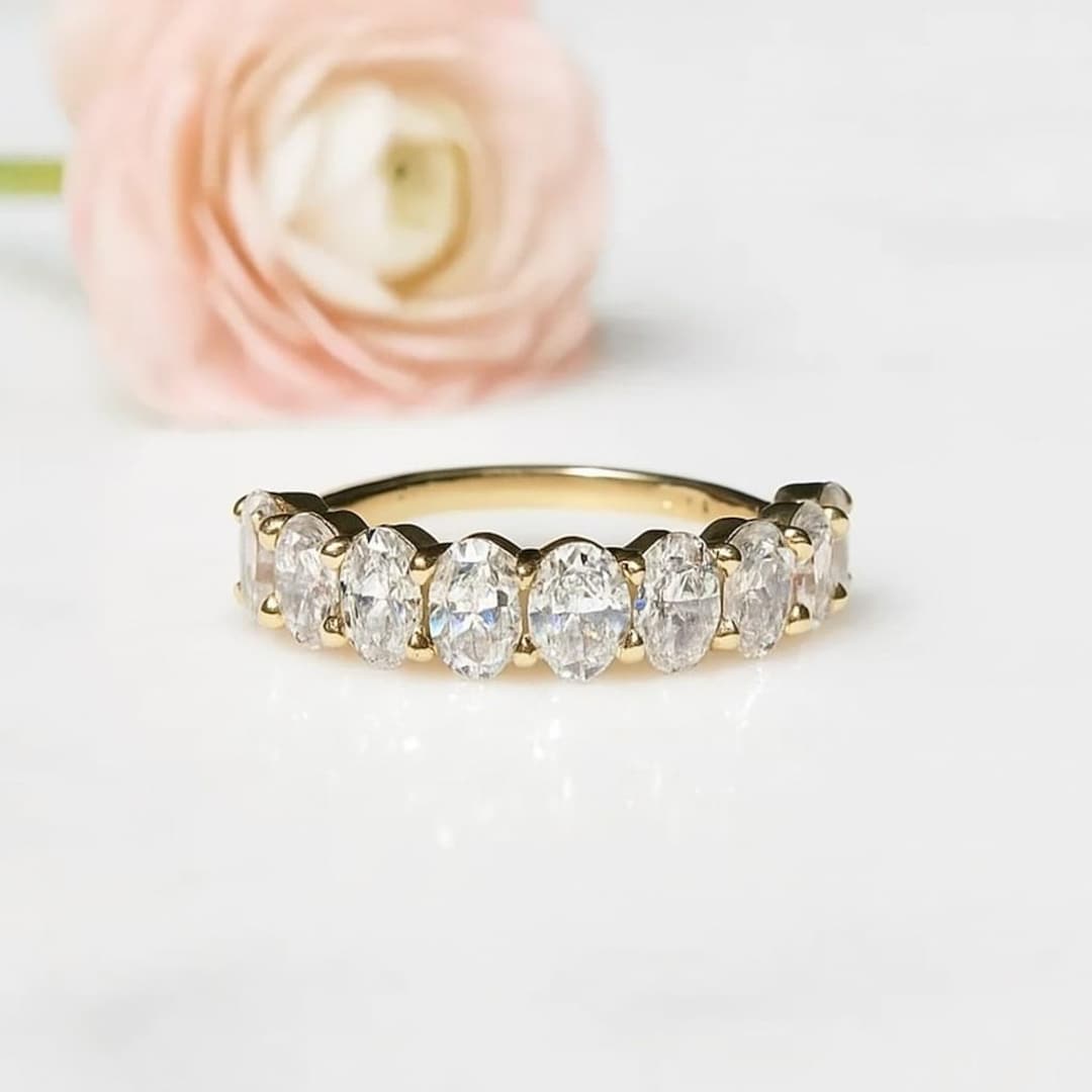 Oval Cut Moissanite Half Eternity Band 14K Yellow Gold Wedding Ring for ...